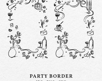 Handgetekende feestrand: grillige champagne, voedselillustraties (SVG, png)
