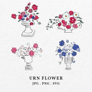 Puede incluir: Cuatro ilustraciones en acuarela de arreglos florales en urnas. Las flores son en tonos de rojo, rosa, azul y blanco, con tallos y hojas verdes. El texto "URN FLOWER" está debajo, junto con información sobre el tipo de archivo.