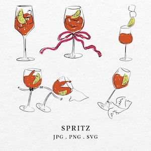 Handgezeichnete Spritz Illustration Clip Art Bundle SVG PNG - Skurrile Doodle Aperol Spritz Glas Ikone Umriss Farbe Vogel, Schleife,