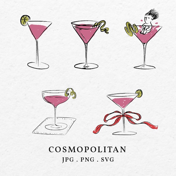 Hand Drawn Cosmopolitan Illustration Clip Art SVG PNG - Whimsical Doodle Cocktail Color Icon Outline Wedding Invitation Menu Signature Drink