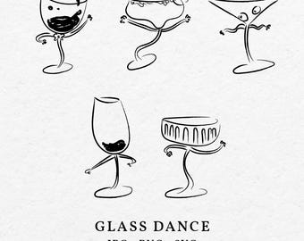 May include: Five black and white line drawings of different glasses with arms and legs dancing. The text "GLASS DANCE" is below the drawings, and the text "JPG . PNG . SVG" is below that.