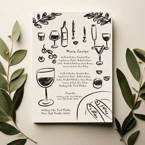 Ilustração de cartão de modelo de menu 5x7 pacote - clipart de comida e bebida desenhado à mão, menu de desenho arte de Natal de casamento, design de ícone caprichoso