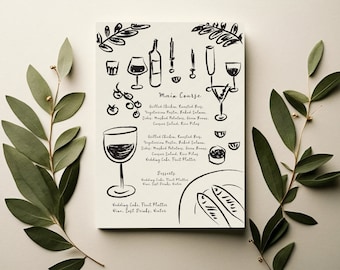 Menú plantilla tarjeta ilustración 5x7 paquete - imágenes prediseñadas de comida y bebida dibujadas a mano, menú de dibujo arte de Navidad de boda, diseño de icono caprichoso