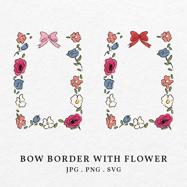 Hand Drawn Bow Border with Flower Color Illustration Bundle SVG PNG - Whimsical Frame Florist Clip Art For Wedding Invitation Bridal Shower