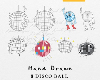 Bundle Disco Ball Illustration SVG PNG - Hand Drawn Icon Disco Ball Clip Art, Drawing Trendy Cut File, Transparent Vector Line Art Sparkle