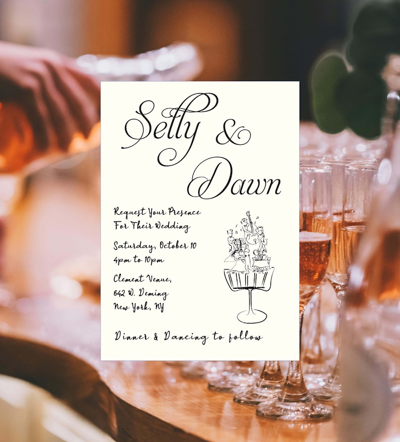 wedding invitation with wedding dance party clip art illustration