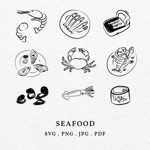Ilustração de frutos do mar SVG PNG Bundle - Contorno de peixe desenhado à mão, Desenho de clipart de sardinhas, Arte de linha de esboço de camarão e ostra Ícone caprichoso