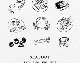 Seafood Illustration SVG PNG Bundle - Hand Drawn Fish Outline, Drawing Sardines Clipart, Shrimp Oyster Sketch Line Art Whimsical Icon