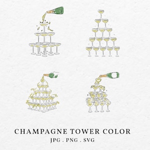 Champagnetoren kleur illustratie bundel SVG PNG - handgetekende grillige gieten champagne illustraties pictogram voor bruiloft uitnodiging stationair