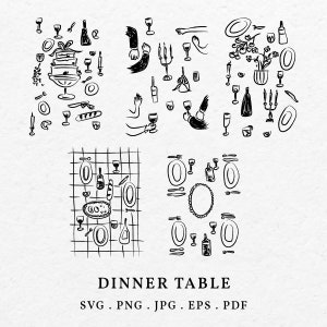 Handgetekende eettafel illustratie SVG PNG - bruiloft uitnodigingskaart ontwerp, repetitie sjabloon clipart, verjaardag diner tekening kunst