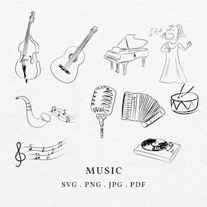 May include: Line art illustration of musical instruments and a singer. The image includes a double bass, guitar, piano, saxophone, microphone, accordion, drum, treble clef, and a record player. The word "MUSIC" is written below the illustrations.
