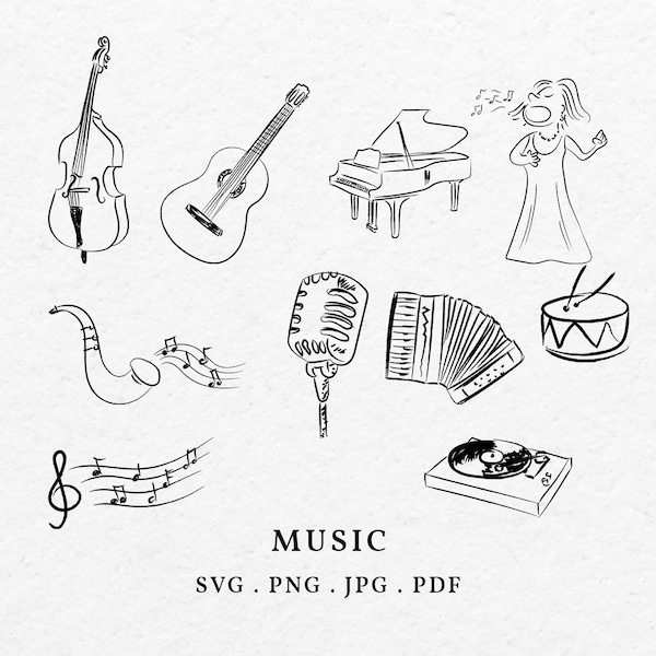 Music Instruments Illustration SVG PNG Bundle - Hand Drawn Guitar Icon, Sketch Grand Piano Art, Bridesmaid Gift, Bachelorette Favors