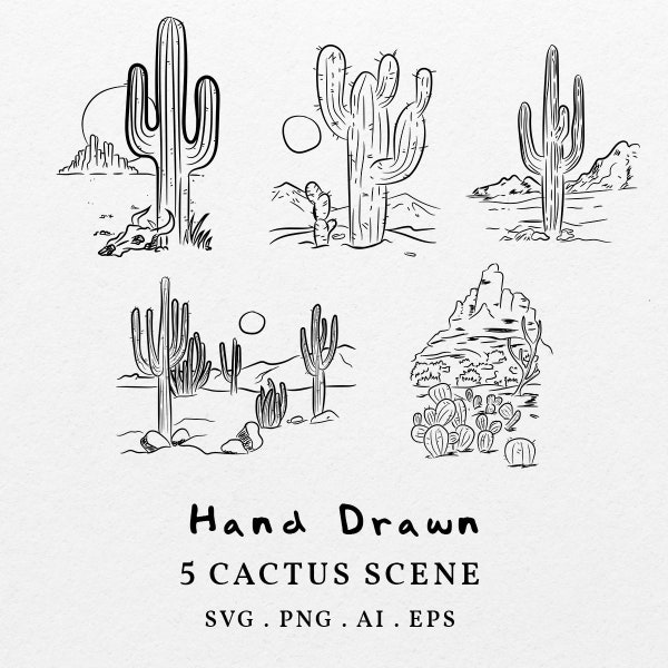 Hand Drawn Cactus Scene Illustration PNG SVG Bundle - Drawing Cactus Landscape Clipart, Desert Arizona Vector, Western Cowboy Succulent Art