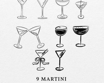 Dirty & Espresso Martini Illustration SVG PNG - Hand Drawn Cocktail Clipart, Pouring Martini Sketch, Martini Cheers Drawing, Signature Drink