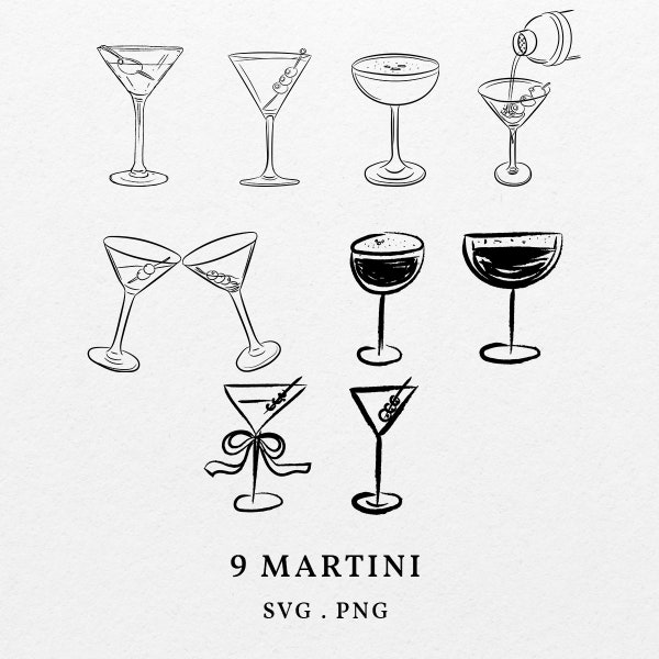Dirty & Espresso Martini Illustration SVG PNG - Clipart cocktail dessiné à la main, esquisse de Martini coulée, Martini Cheers dessin, boisson signature