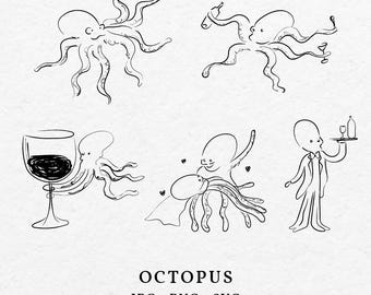 Hand Drawn Octopus Clip Art Bundle – Whimsical Doodle Illustration (SVG, PNG)