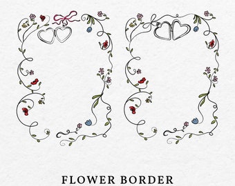 Hand-Drawn Flower Border Frame – Heart Locket Wedding Invitation (SVG, PNG)