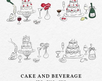 Hand-Drawn Cake & Beverage Illustration – Whimsical Wedding Clipart (SVG, PNG)