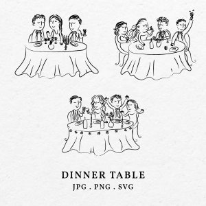Handgetekende eettafel met mensen Clip Art afbeelding bundel SVG PNG - grillige doodle bruiloft diner partij pictogram bruiloft uitnodiging