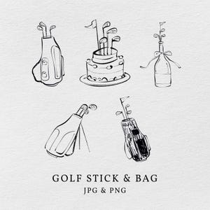 Ilustración de boceto de pelota de palo de golf con bolsa de golf dibujada a mano JPG PNG - Diseño creativo y divertido de invitación o menú para fiestas y bodas, garabatos caprichosos