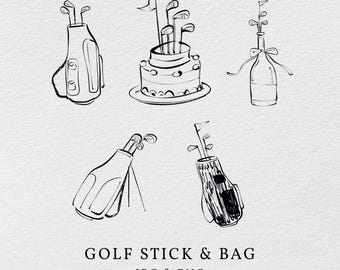 Handgetekende schets golftas – clipart speelse sport (PNG JPG)