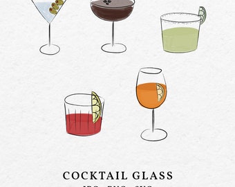 Cocktail Glass Illustration Bundle SVG PNG - Hand Drawn Dirty Martini, Spritz, Negroni, Margarita Icon Clip Art, Drawing Wedding Invitation