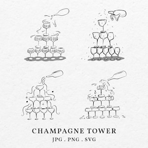 Hand Drawn Champagne Tower Illustration Bundle Clip Art SVG PNG - Doodle Whimsical Champagne Glass Tower For Wedding Invitation Outline