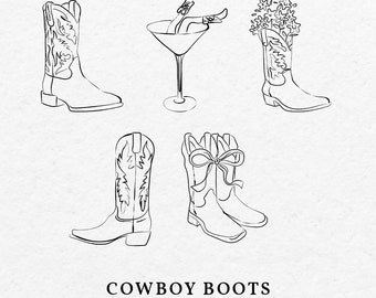 Hand Drawn Cowboy Boots Illustration Bundle SVG PNG - Doodle Cowboy Boots Clip Art Outline For Wedding Invitation and Birthday Party