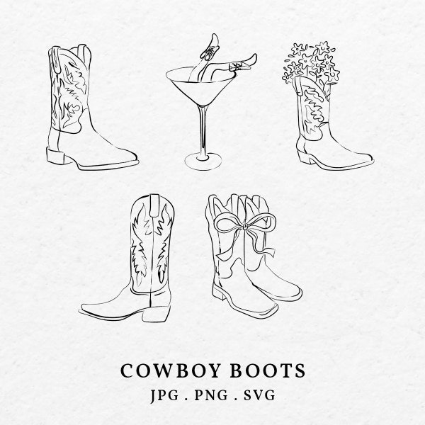 Hand Drawn Cowboy Boots Illustration Bundle SVG PNG - Doodle Cowboy Boots Clip Art Outline For Wedding Invitation and Birthday Party