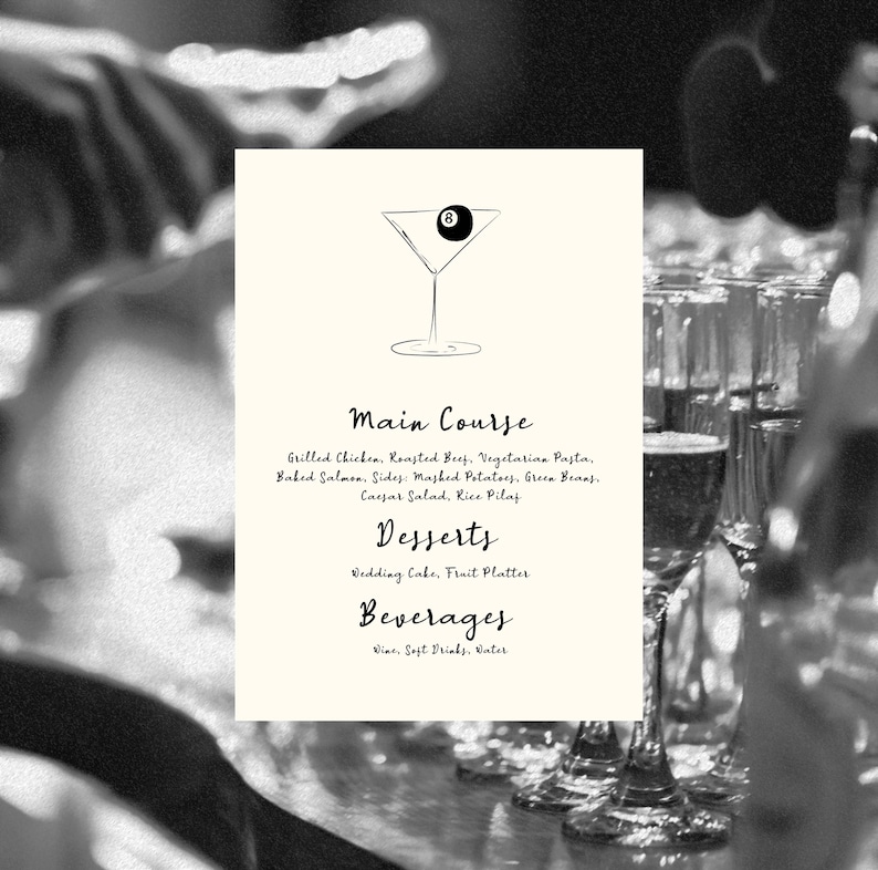 wedding menu with 8 ball martini