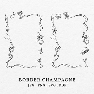 Puede incluir: Ilustración en blanco y negro de línea de arte de un borde de champán con varios elementos relacionados con el champán, incluyendo botellas, vasos, cerezas y una concha. El texto "BORDER CHAMPAGNE JPG . PNG . SVG . PDF" está en la parte inferior de la imagen.