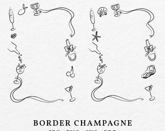 Champagne & Cherry Border Frame Illustrations, Wedding Invitation Clipart (SVG, PNG)