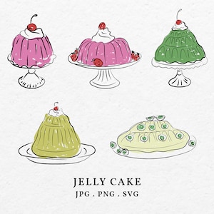Jelly Cake Illustrationen Clip Art Bundle SVG PNG - Handgezeichneter wunderlicher rosa gelber Jelly-Filled Kuchen für Hochzeitseinladung mit Kirschen