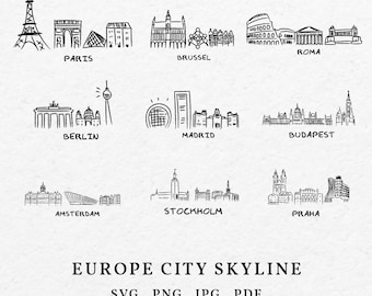 Europe City Skyline Illustration – Hand Drawn Icon Bundle (SVG, PNG)