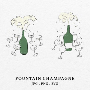 Brunnen Champagner Illustration Symbol SVG PNG - Handgezeichnete skurrile Glas und Flasche Getränk Kuchen Clip Art Gliederung Hochzeitsmenü Einladung