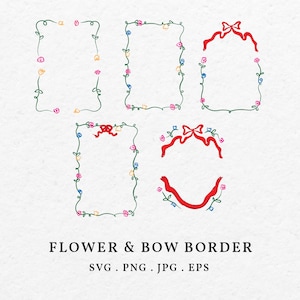 花とリボンのボーダーフレームのイラスト SVG PNG - 手描きの花の波型ボーダー結婚式とクリスマスの招待状カード 5x7、線画
