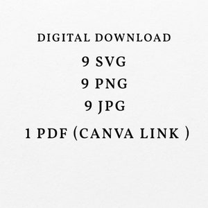 Peut inclure: T&eacute;l&eacute;chargement num&eacute;rique d'un ensemble de designs, comprenant 9 fichiers SVG, 9 fichiers PNG, 9 fichiers JPG et 1 fichier PDF avec un lien Canva.