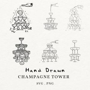 Bundle Hand Drawn Champagne Tower Illustration SVG PNG, Wedding Party Timeline Line Art Icon Black And White, Clipart Symbols Transparent