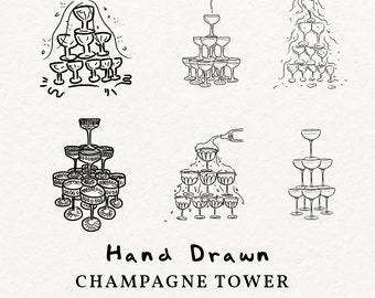 Bundle Hand Drawn Champagne Tower Illustration SVG PNG, Wedding Party Timeline Line Art Icon Black And White, Clipart Symbols Transparent