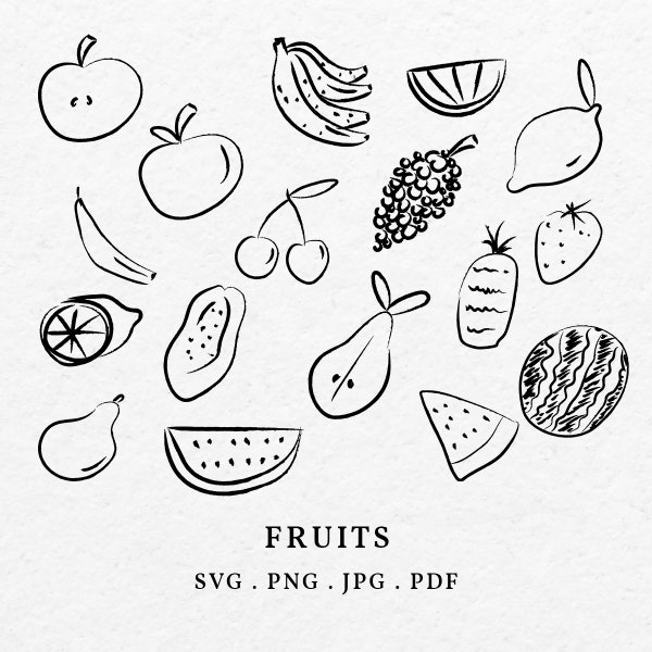 Hand Drawn Fruits Illustration SVG PNG Bundle - Drawing Lemon Icon, Sketch Strawberry Art, Cherry Clipart, Banana Cut File, Peer Grapes