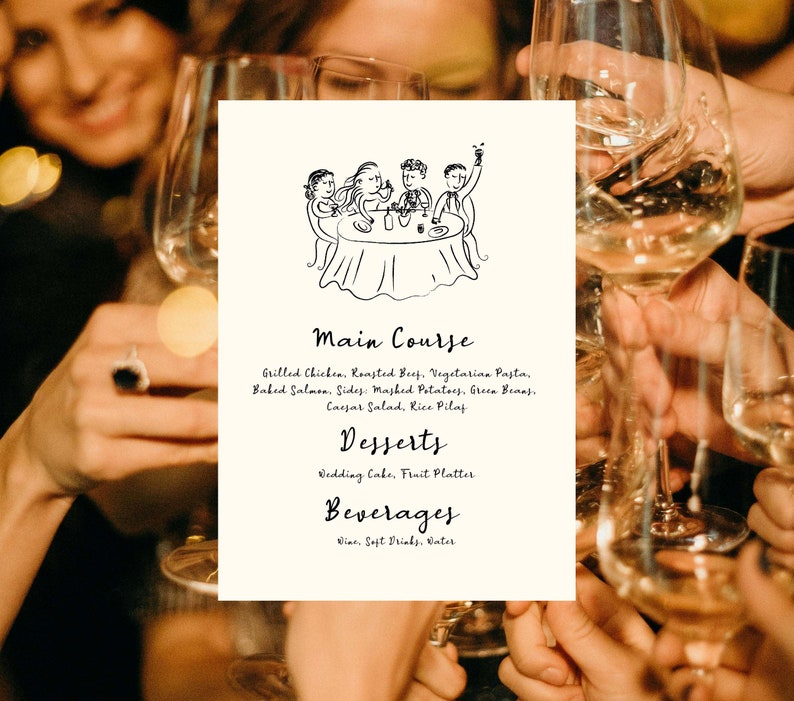 wedding menu with dinner table party illustration