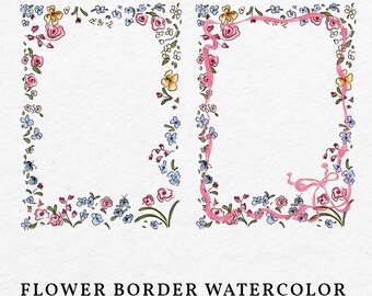 Flower Border Frame Watercolor Illustration SVG PNG - Hand Drawn Whimsical Blossom Border With Pink Bow Clip Art Icon For Wedding Invitation
