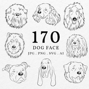 Dog Head Illustration Bundle SVG PNG - Dog Breed Face Clip Art Outline, Hand Drawn Dogs Portrait Arts, Whimsical Dog Cut File Transparent