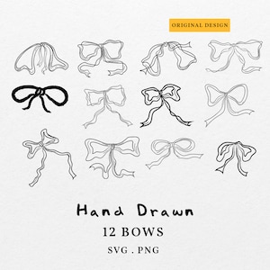Bundle Hand Drawn Bows Illustration SVG PNG - Bow Sash Wedding Invitation Band Clip Art, Birthday Party Icon,  Anniversary Line Art Sign