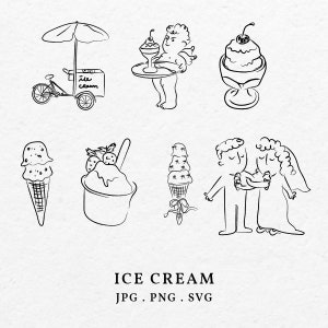 May include: Black and white line art illustrations of ice cream cones, sundaes, and a couple. The illustrations are on a white background with the text "ICE CREAM JPG. PNG. SVG" at the bottom.