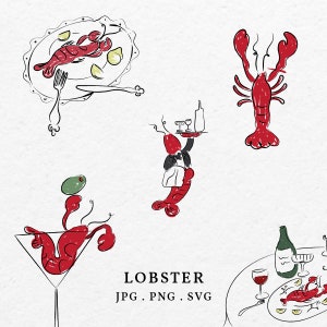 Könnte beinhalten: Ein Satz von fünf Illustrationen von Hummern in verschiedenen Umgebungen. Ein Hummer befindet sich auf einem Teller mit Zitronenscheiben, ein anderer in einem Martini-Glas, ein weiterer hält ein Tablett mit Weingläsern und zwei stehen alleine. Die Illustrationen sind im handgezeichneten Stil mit roten, schwarzen und weißen Farben gehalten. Der Text "LOBSTER JPG. PNG. SVG" befindet sich am unteren Rand des Bildes.
