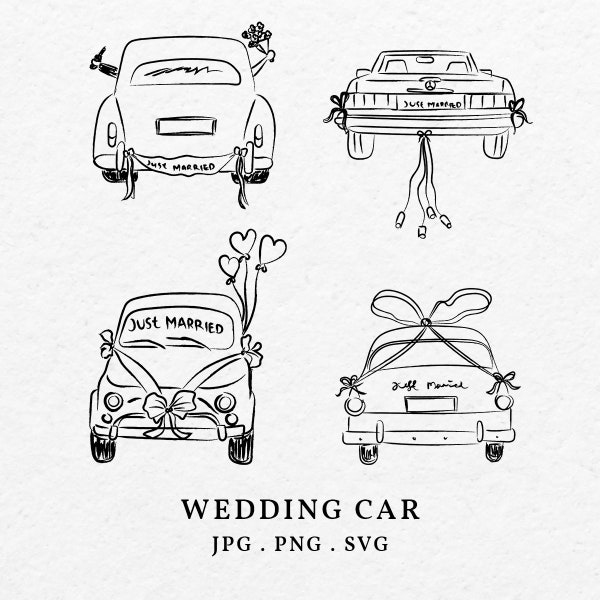 Voiture de mariage avec noeud Illustration Bundle SVG PNG - icône de clipart voiture de mariée dessinée à la main, faire-part de mariage contour de voiture de mariage lunatique