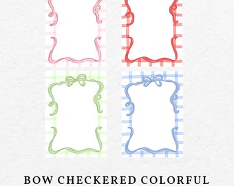 Watercolor Colorful Squared Pattern Bow Border Frame Bundle SVG PNG - Hand Drawn Checkered Pink, Red, Green, Baby Blue Checkered Clip Art