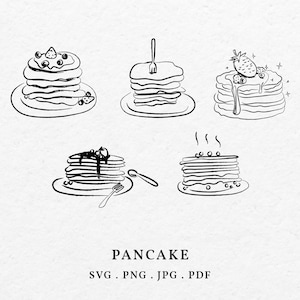 Pancake Illustration Bundle SVG PNG - Contorno de ícone de grelha desenhado à mão, bolo quente de desenho para papelaria e menu de casamento Clip Art