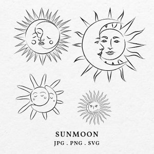 May include: Four black and white line drawings of the sun and moon. The sun and moon are depicted as faces, with the sun having a smiling face and the moon having a closed eye. The sun and moon are in various positions, including overlapping and side by side.